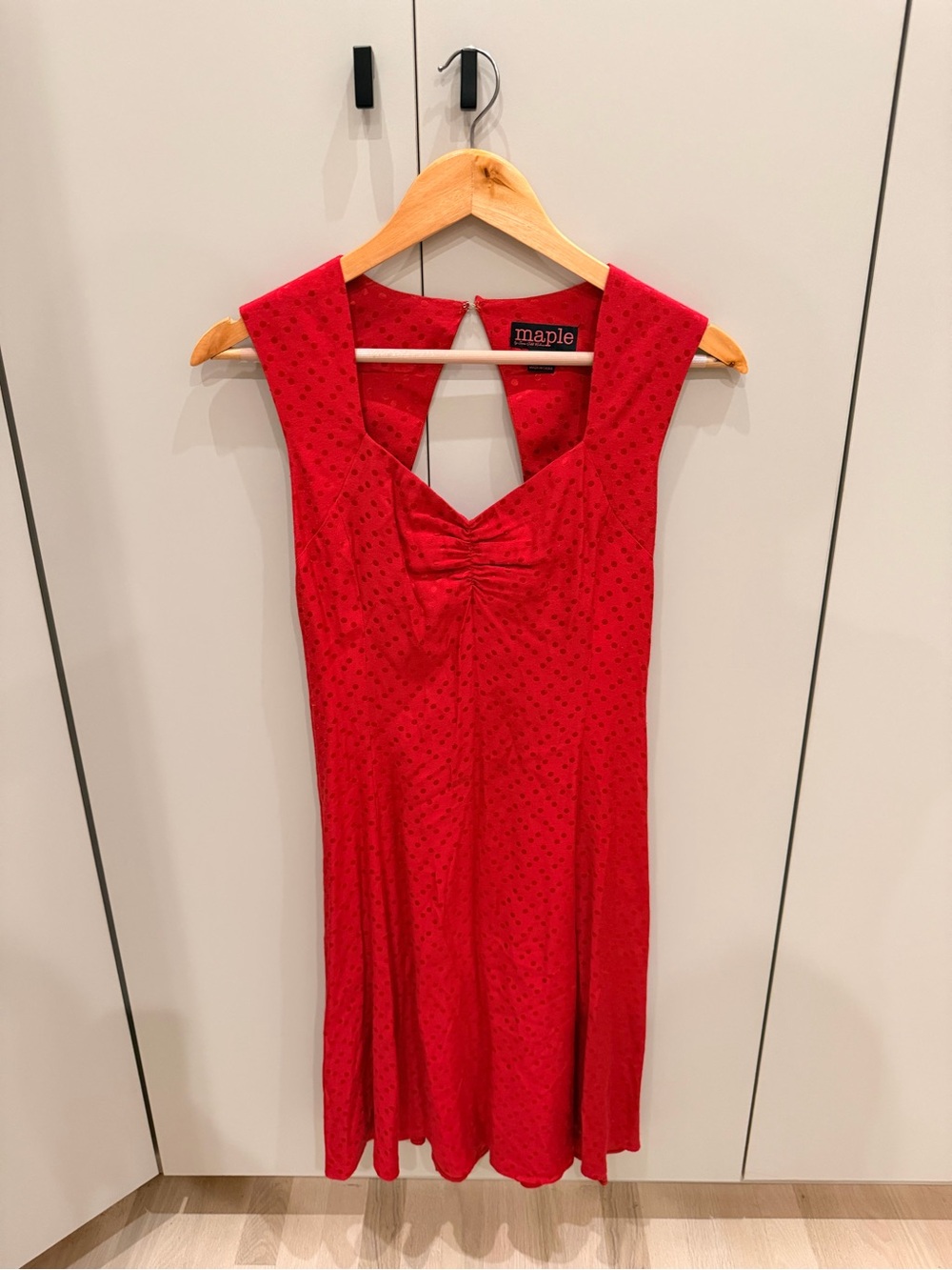 Maple Red Sleeveless V-Neck Midi Dress with Bust Ruching